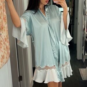 Victorias Secret Light Blue Satin Robe with Lace Trim